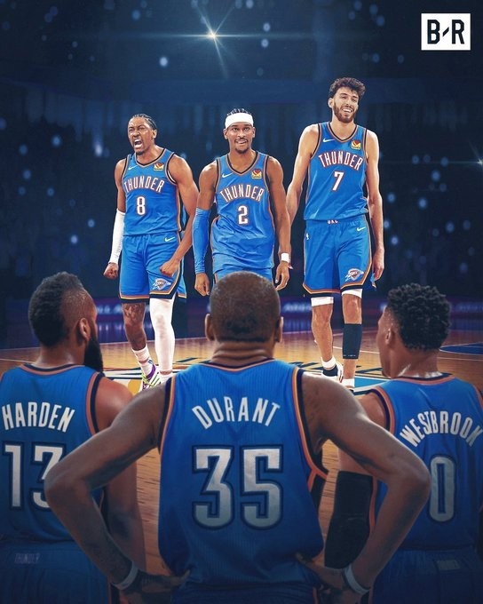 傳承?美媒曬圖：雷霆三人組在昔日三少的注視下登上總決賽舞臺