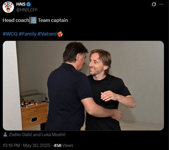 39歲莫德里奇抵達(dá)國家隊(duì)，官推曬照與主教練擁抱