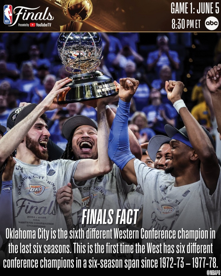近6個(gè)賽季連續(xù)產(chǎn)生6個(gè)西部冠軍 自72-73賽季至77-78賽季以來(lái)首次
