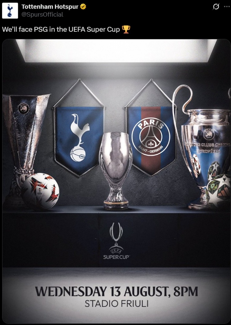8月13日開戰(zhàn)，熱刺官推曬海報(bào)：我們將在歐洲超級(jí)杯對(duì)陣巴黎