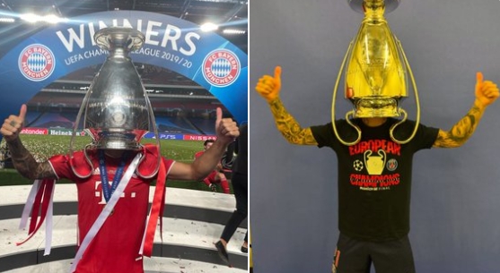 時(shí)隔5年再奪歐冠！盧卡斯復(fù)刻此前將獎(jiǎng)杯扣在頭上畫(huà)面