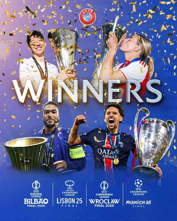 歐足聯(lián)祝賀旗下四大賽事冠軍：巴黎、熱刺、切爾西、阿森納女足