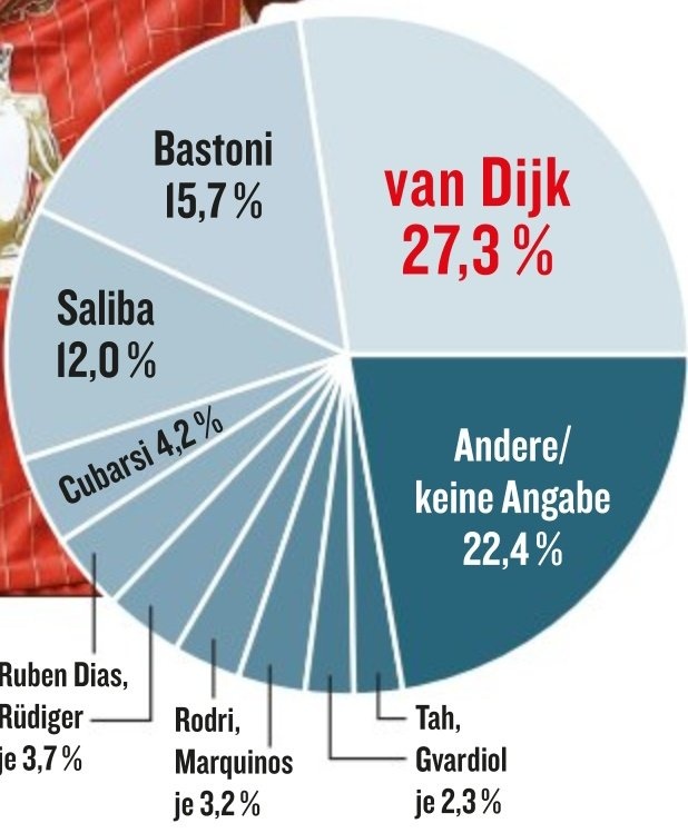 德甲球員選世界最佳防守球員，范迪克、巴斯托尼、薩利巴分列前三