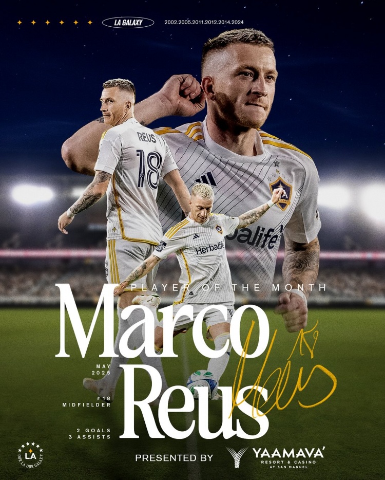 6場(chǎng)2球3助！羅伊斯當(dāng)選洛杉磯銀河5月最佳球員