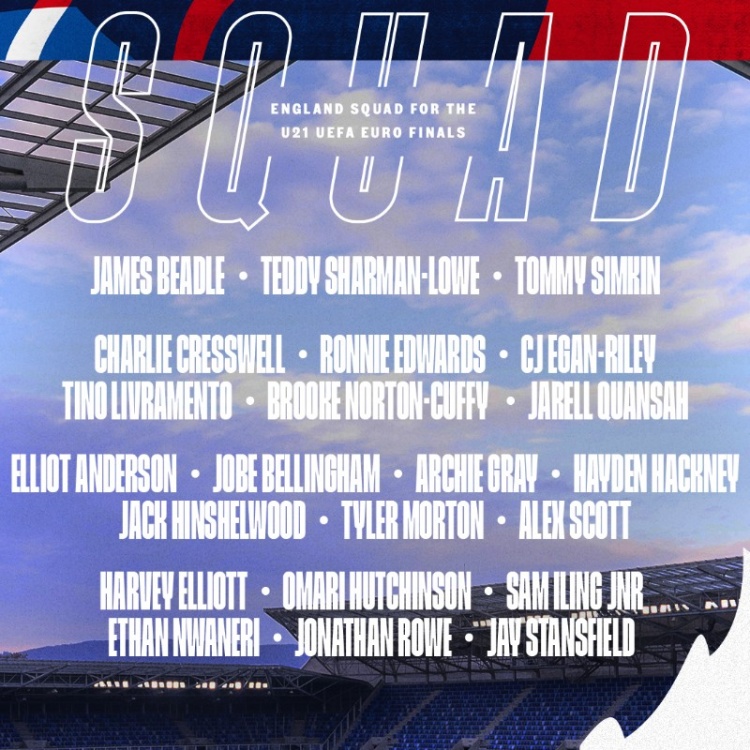 英格蘭U21歐洲杯名單：利夫拉門托、恩瓦內里、小貝林厄姆在列