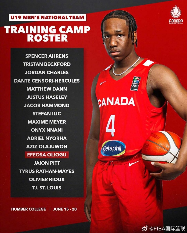 世界杯首戰(zhàn)中國隊！加拿大U19男籃訓練營名單：奧拉朱旺之子領銜