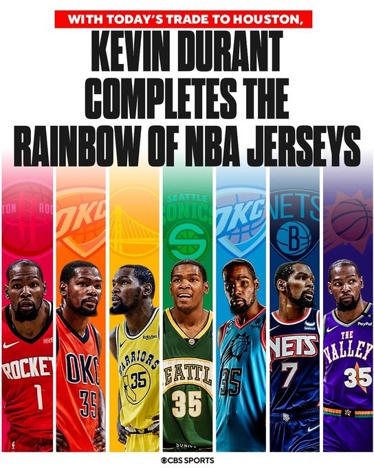 美媒曬圖：杜蘭特已經(jīng)集齊七色球衣 你最喜歡哪一種顏色？