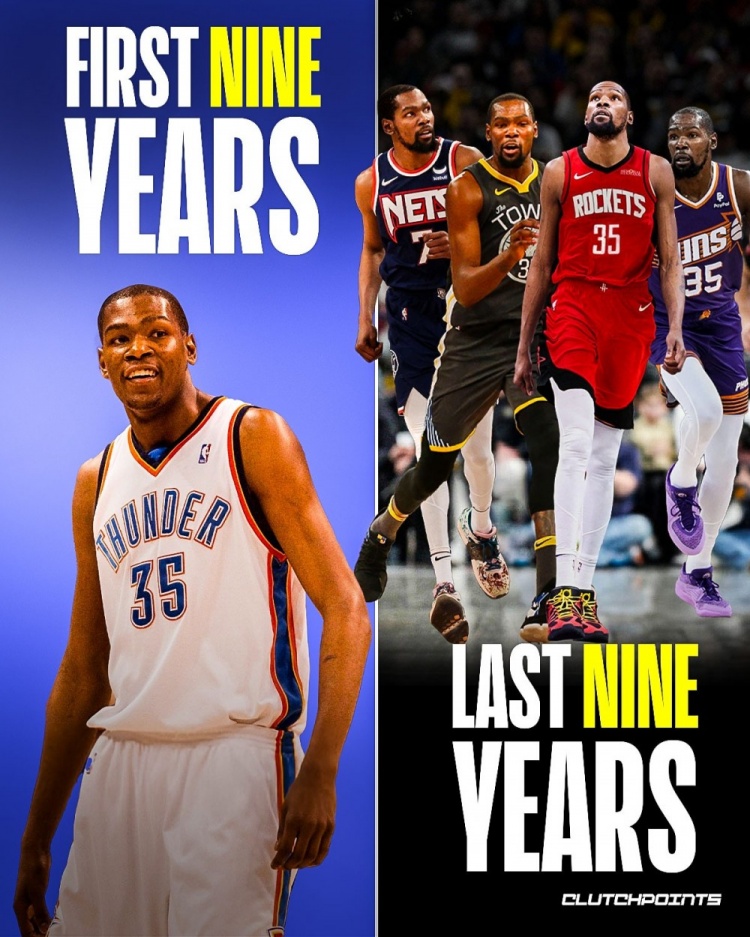 杜蘭特生涯前9年效力于雷霆 近9年分別效力勇士籃網(wǎng)太陽火箭