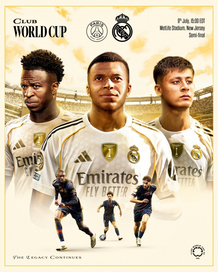 皇馬發(fā)布世俱杯半決賽海報：姆巴佩C位，維尼修斯、居勒爾出鏡