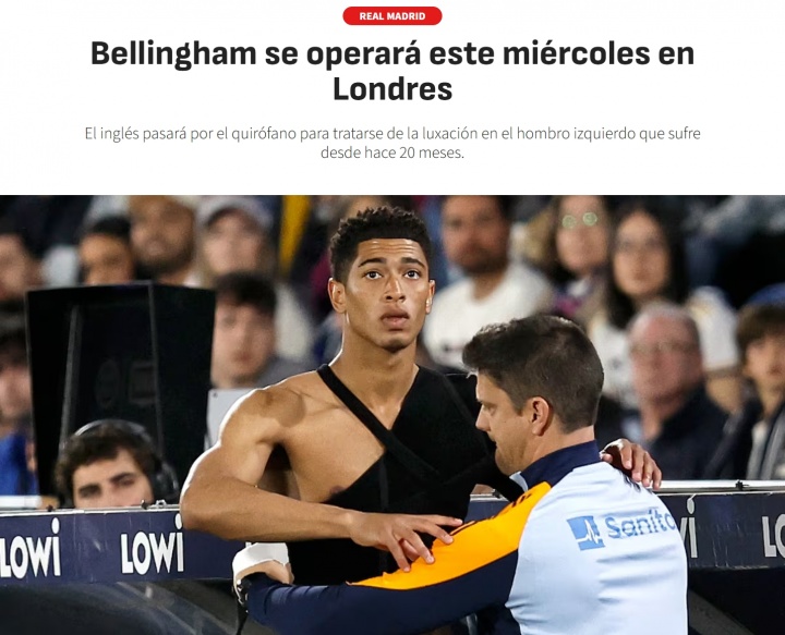 燃盡！阿斯報：貝林厄姆帶著肩傷踢了100場，拖了一年半今天手術(shù)