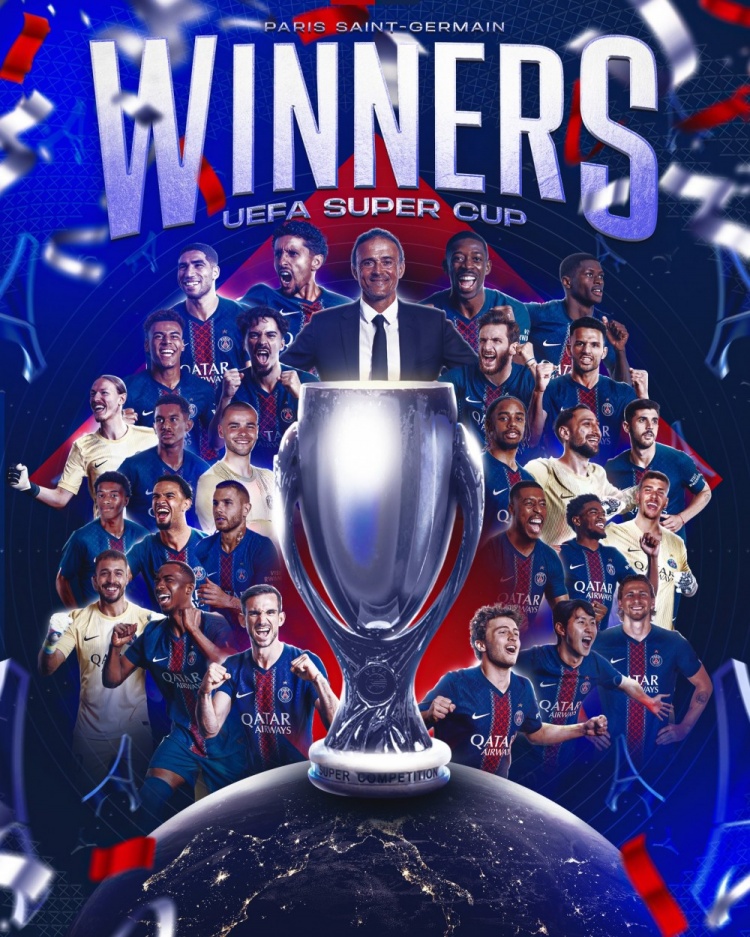 問鼎歐超杯！巴黎官方社媒曬奪冠海報(bào)，恩里克攜眾將出鏡