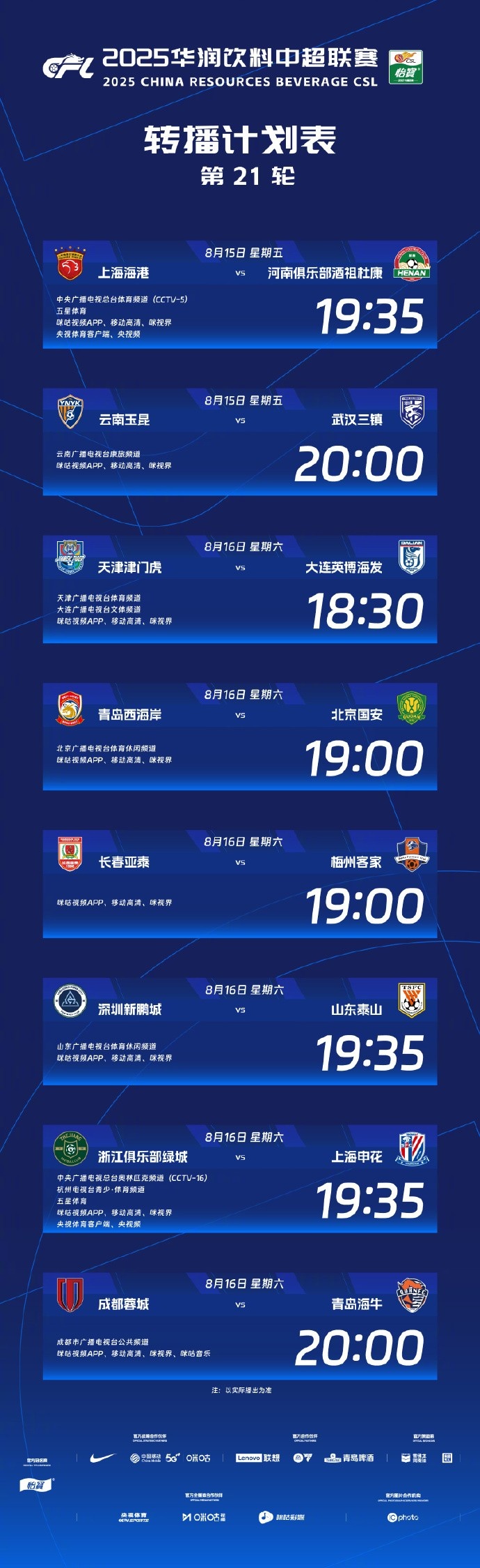 中超本輪轉(zhuǎn)播信息：CCTV5直播海港vs河南 CCTV16直播浙江vs申花