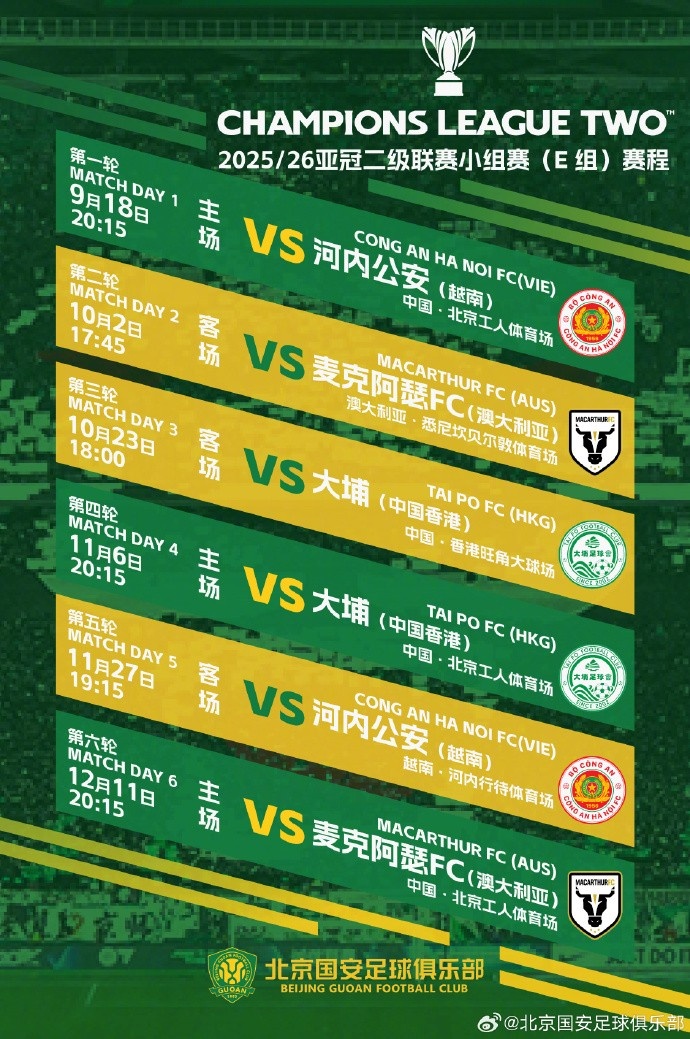 北京國(guó)安2025/26賽季亞冠二級(jí)聯(lián)賽小組賽賽程，新賽事，新挑戰(zhàn)！