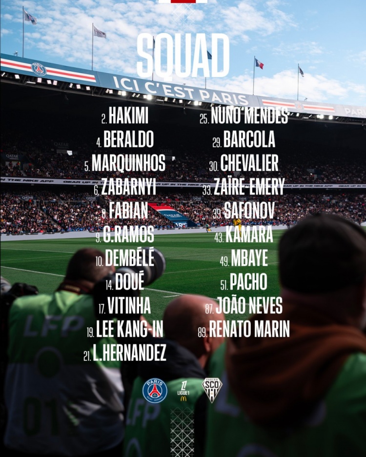 巴黎對陣昂熱大名單：登貝萊領(lǐng)銜，多納魯馬、K77缺席