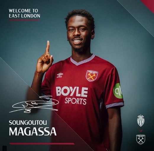 西漢姆聯(lián)官方：摩納哥21歲中場馬加薩加盟，球員也可勝任中衛(wèi)