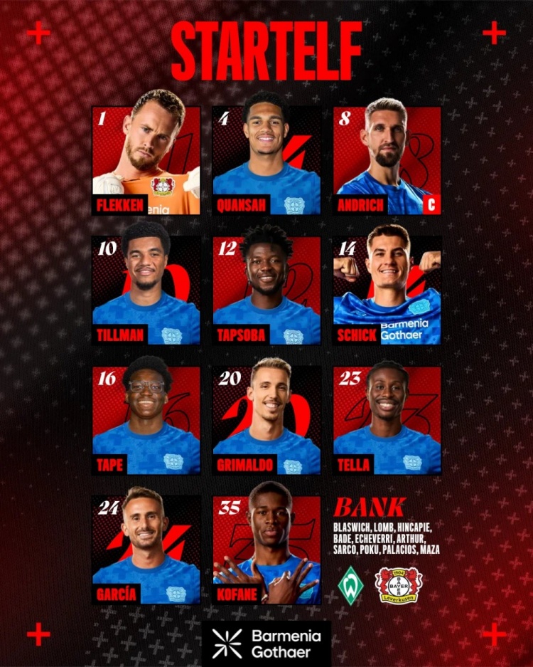 勒沃庫(kù)森本輪首發(fā)：寬薩坐鎮(zhèn)后防，?？祟I(lǐng)銜鋒線，因卡皮耶替補(bǔ)