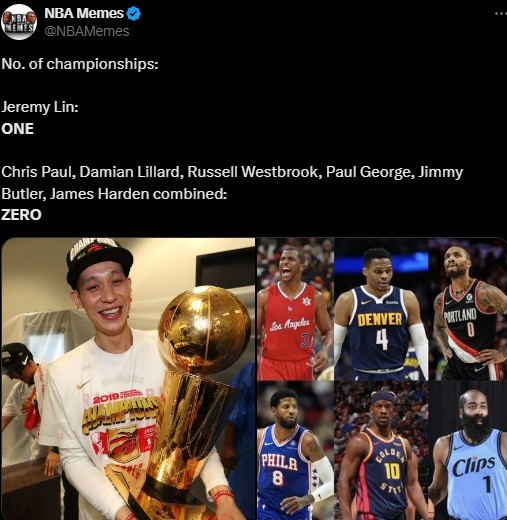 美媒調(diào)侃：哈登&保羅&利拉德&威少&喬治等加起來0冠 林書豪有一冠