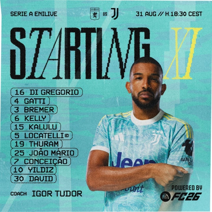 尤文vs熱那亞首發(fā)：戴維、伊爾迪茲、小孔塞桑出戰(zhàn)