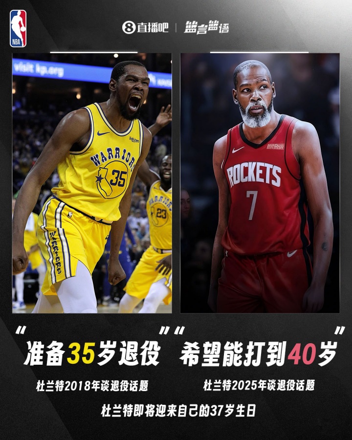 2018年杜蘭特：準(zhǔn)備35歲退役！2025年KD：希望打到40歲??