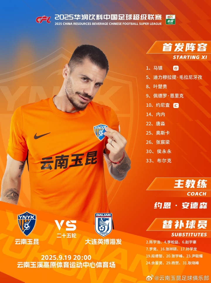 云南玉昆vs大連英博海發(fā) 本場(chǎng)比賽云南玉昆 首發(fā)陣容出爐??