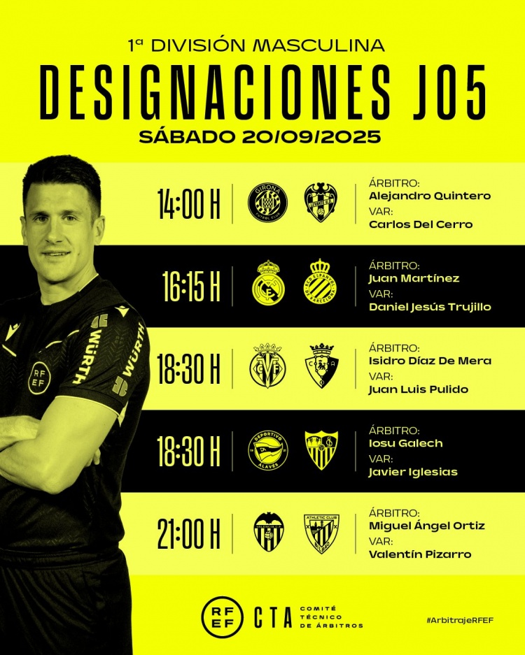 西甲第5輪部分比賽裁判安排：胡安-馬丁內(nèi)斯執(zhí)法皇馬vs西班牙人