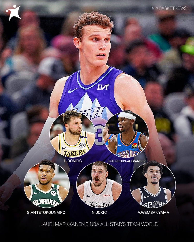 馬爾卡寧的全明星世界隊(duì)先發(fā)：SGA+東契奇+字母哥+文班+約老師