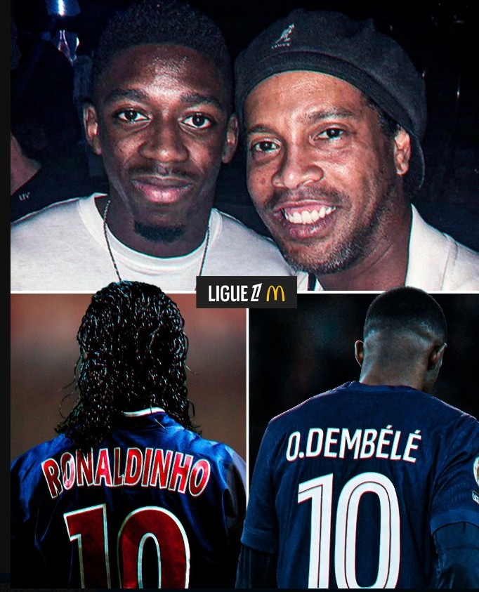 兩個(gè)金球獎(jiǎng)得主？法甲官方曬登貝萊、小羅合照：巴黎的10號(hào)傳承