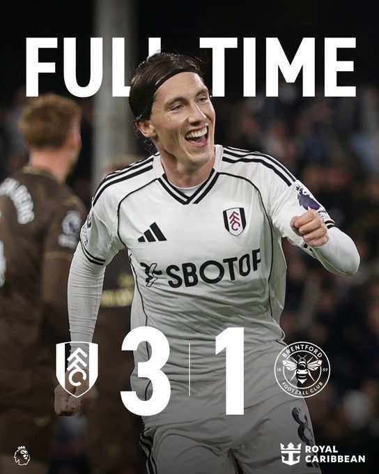 英超富勒姆3-1布倫特福德，伊沃比傳射、哈里-威爾遜破門