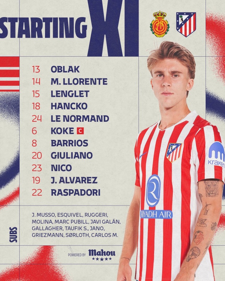 馬競(jìng)首發(fā)：科克、阿爾瓦雷斯先發(fā)，格列茲曼替補(bǔ)