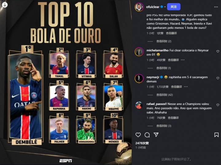 不認可排名！內(nèi)馬爾：??拉菲尼亞第五？這簡直是瘋了