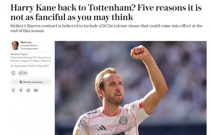 解約金6500萬！記者：凱恩重返熱刺？五個理由證明這并非天方夜譚