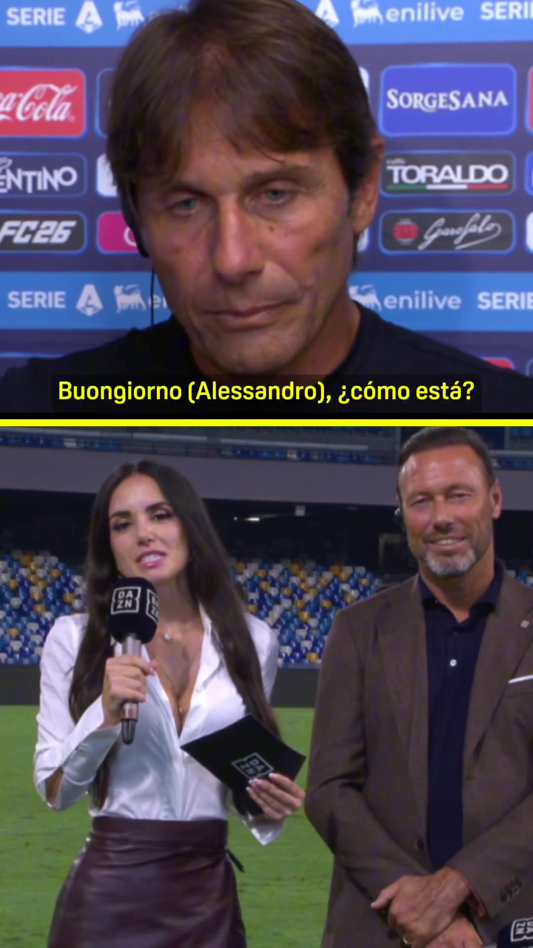 演小品呢??美女記者問布翁喬爾諾情況，孔蒂誤以為在向他道早安