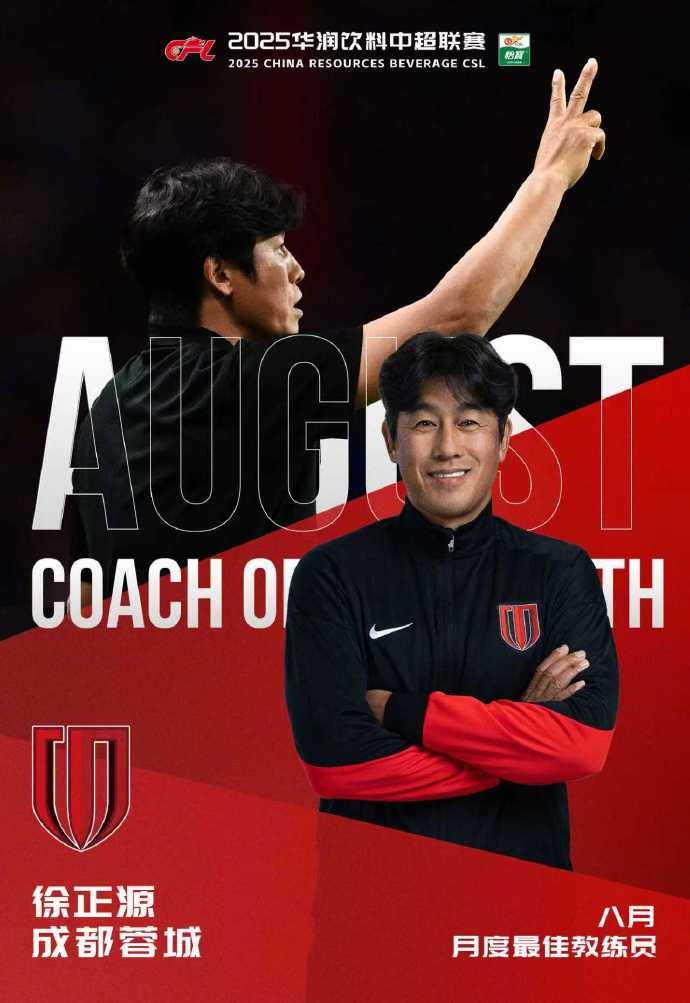 率領(lǐng)蓉城3勝1平！官方：徐正源當(dāng)選中超8月最佳教練