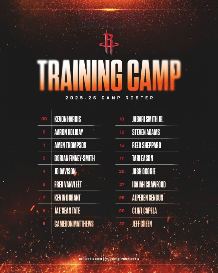 火箭公布訓(xùn)練營名單：杜蘭特&申京領(lǐng)銜 范弗里特在列 共18人