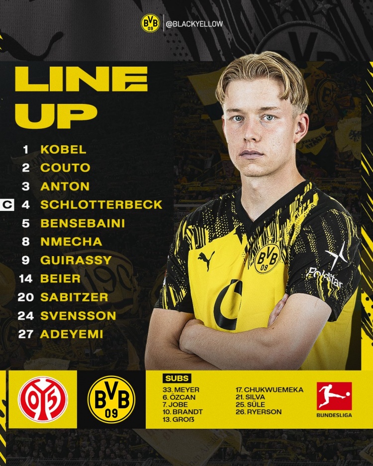 多特vs美因茨首發(fā)：薩比策、阿德耶米在列，吉拉西賽前熱身傷退