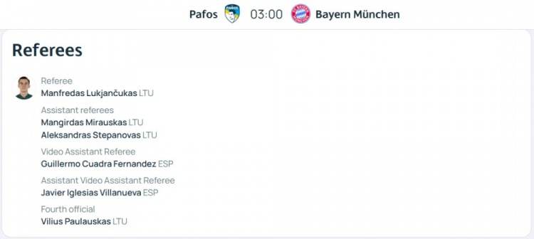 拜仁客戰(zhàn)帕福斯裁判組名單：立陶宛主裁執(zhí)法，西班牙人VAR裁判組