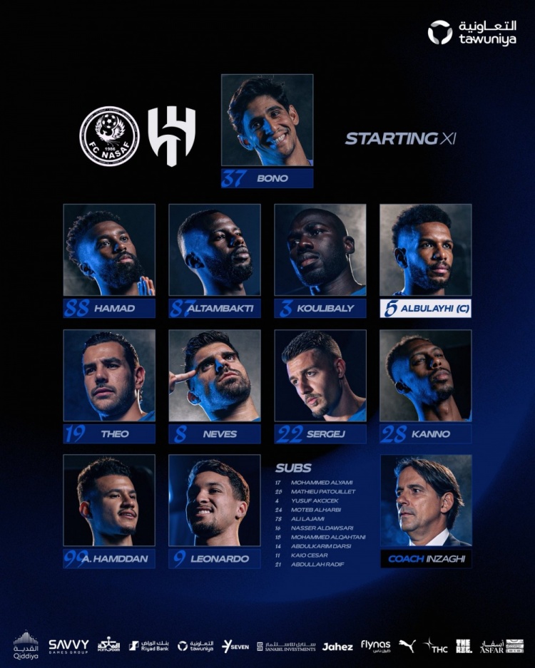 亞冠-利雅得新月vs納薩夫首發(fā)：米林科維奇、庫利巴利、特奧出戰(zhàn)