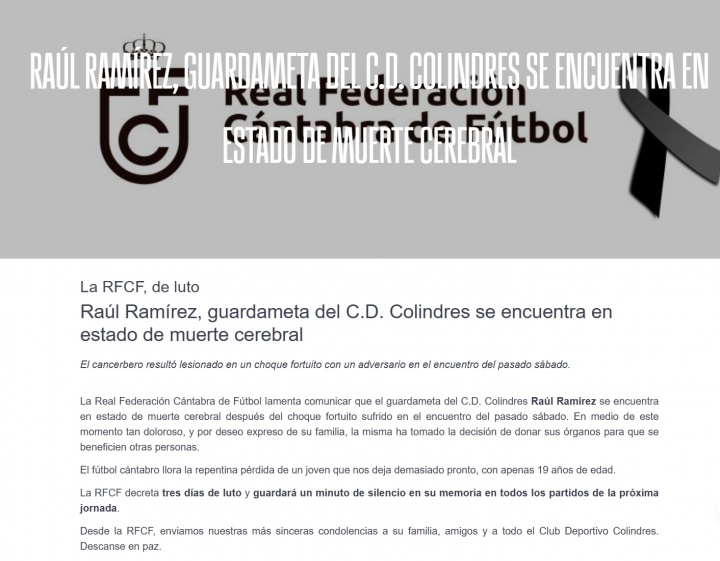 R.I.P. ??西協(xié)甲球隊門將比賽中頭部受撞擊不幸離世，年僅19歲