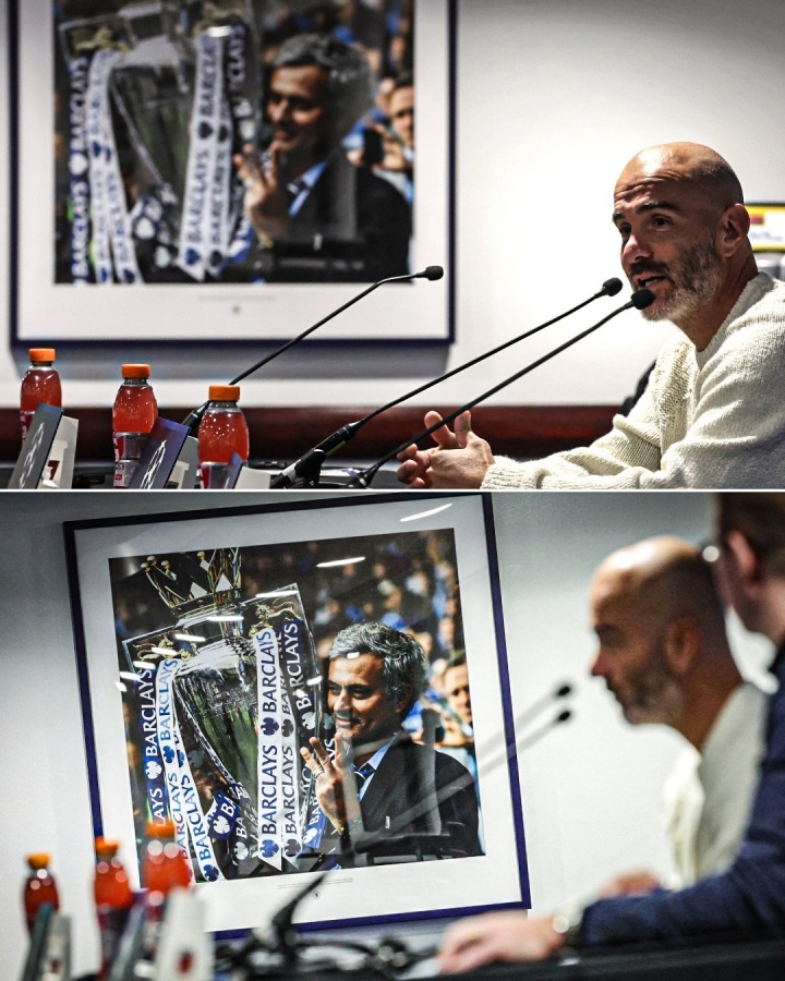 傳奇回家！馬雷斯卡發(fā)布會(huì)現(xiàn)場(chǎng)，墻上的照片正是穆帥英超第3冠