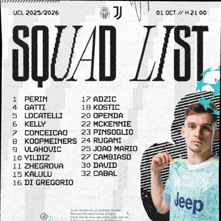 尤文公布?xì)W冠客戰(zhàn)黃潛21人名單：弗拉霍維奇、伊爾迪茲、戴維領(lǐng)銜