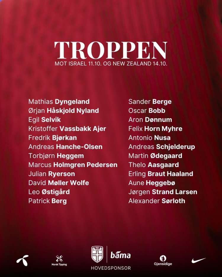 挪威新一期大名單：哈蘭德、厄德高領(lǐng)銜，索爾洛特、拉爾森入選