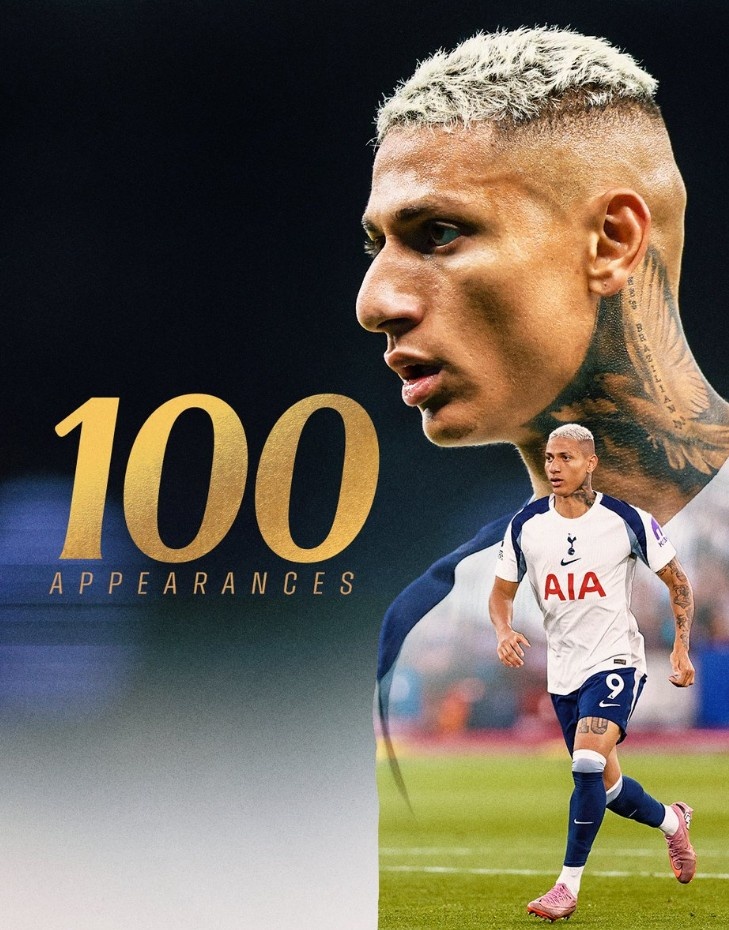 理查利森迎熱刺生涯百場里程碑，此前貢獻23球11助攻