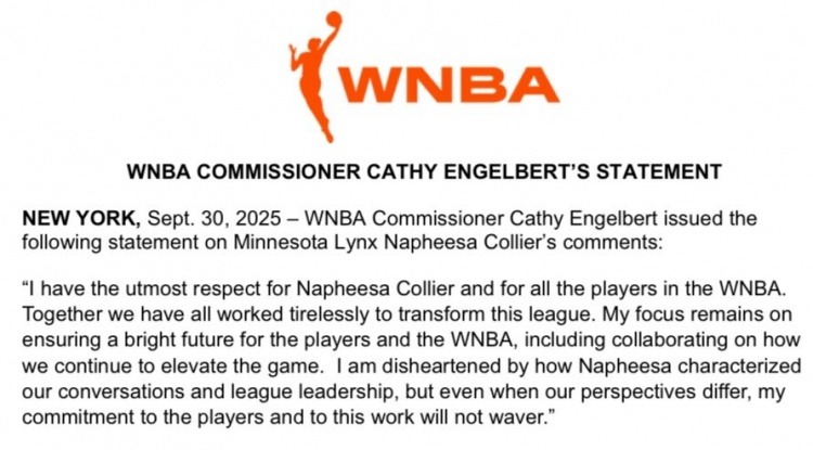WNBA總裁回應(yīng)科利爾炮轟：致力于推動(dòng)發(fā)展 對(duì)她的言論感到遺憾