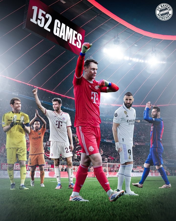 數(shù)據(jù)錯(cuò)了？拜仁祝賀諾伊爾歐冠152場(chǎng)歷史排名第六，但海報(bào)上無(wú)C羅