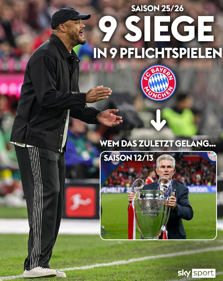 拜仁自12/13賽季后首次以9連勝開局，上次球隊豪取三冠王