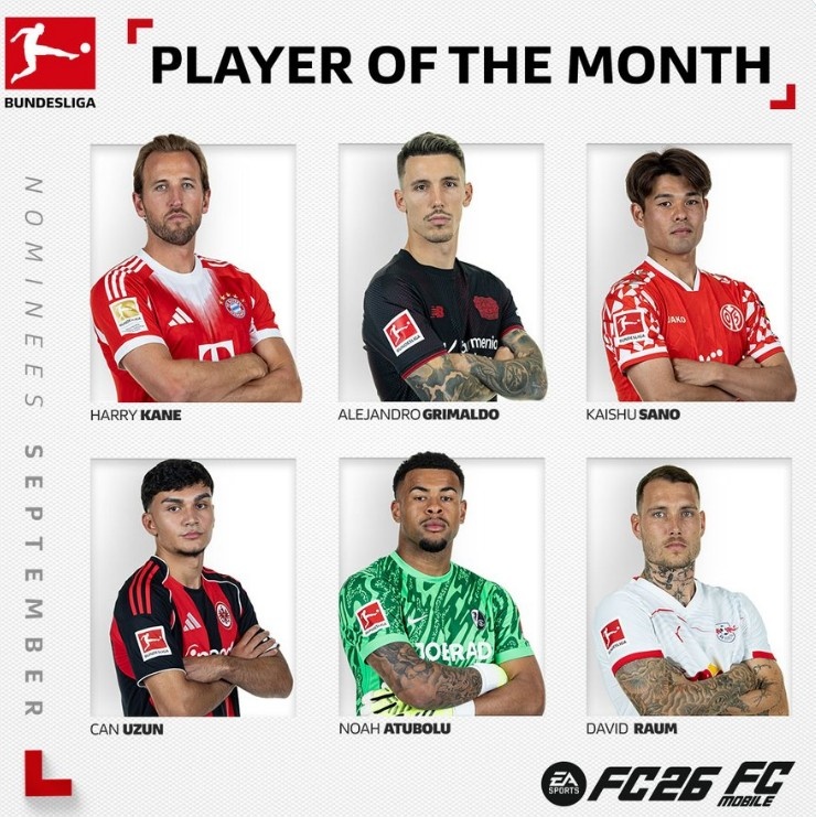 德甲官方9月最佳球員候選：凱恩領銜，格里馬爾多、烏尊在列