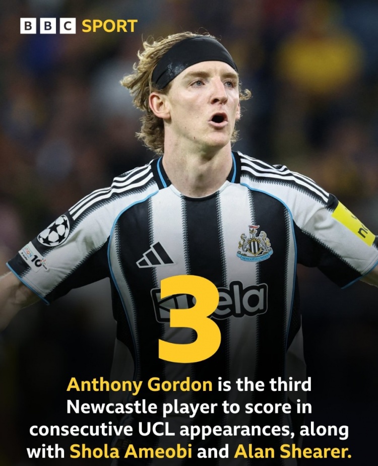 比肩希勒！戈登成紐卡隊(duì)史第三位在歐冠中連場(chǎng)進(jìn)球的球員